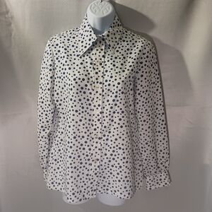 Beautiful Navy & White Polkadot Button Down Dress Blouse Business Attire